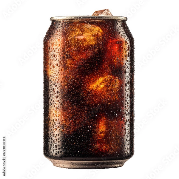 Fototapeta A soda can, full of dark-brown liquid, with ice cubes visible inside. Condensation on the can