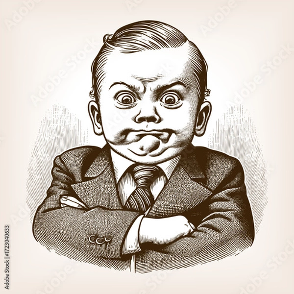 Fototapeta young boy in a formal suit and tie, arms crossed, making an exaggerated pout with a frustrated expression sketch engraving generative ai vector illustration. Scratch board. Black and white.