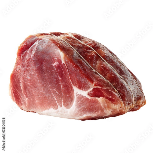 Fototapeta Close-up of a cured ham piece, showing its reddish-pink color and slightly marbled texture