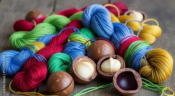 Fototapeta Colorful Yarn and Macadamia Nuts Still Life.