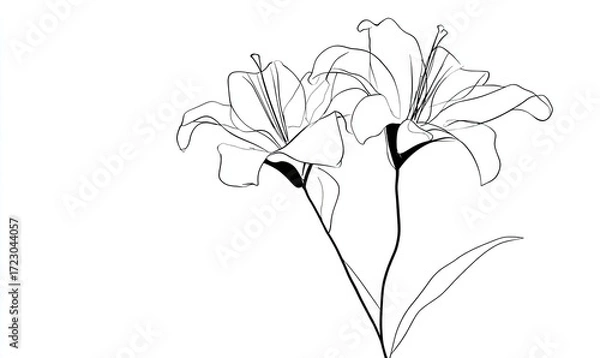 Obraz Elegant black-line drawing of two lilies.  Delicate, flowing lines depict flower petals and stems.  Simple, graceful botanical illustration against a stark white background