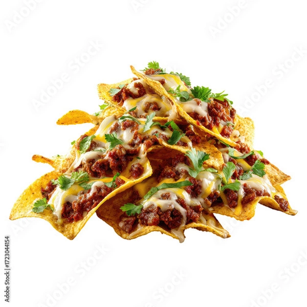 Fototapeta A towering pile of nacho chips topped with ground beef, melted cheese, and chopped cilantro