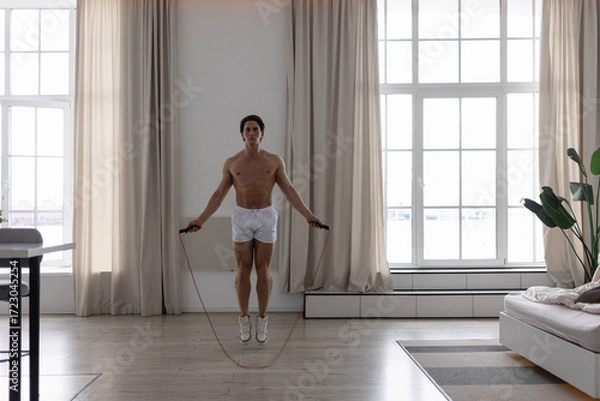 Fototapeta A young successful man does morning exercises in his apartment, skipping rope exercises