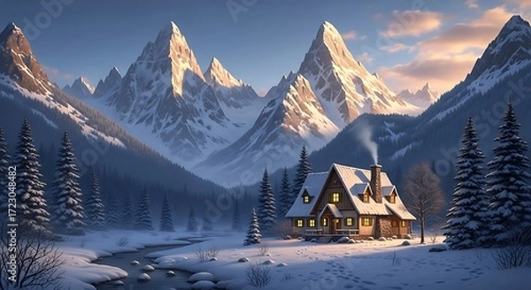 Fototapeta Cozy Cabin nestled in Snowy Mountains at Sunset.