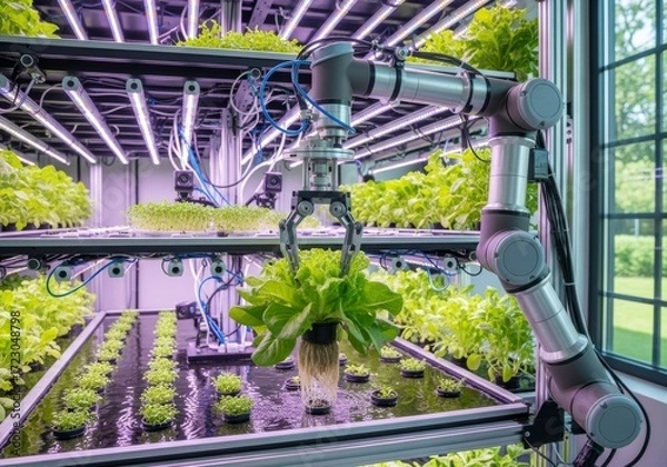 Fototapeta Green nature and a machine producing water from the harvesting Lettuce in a greenhouse