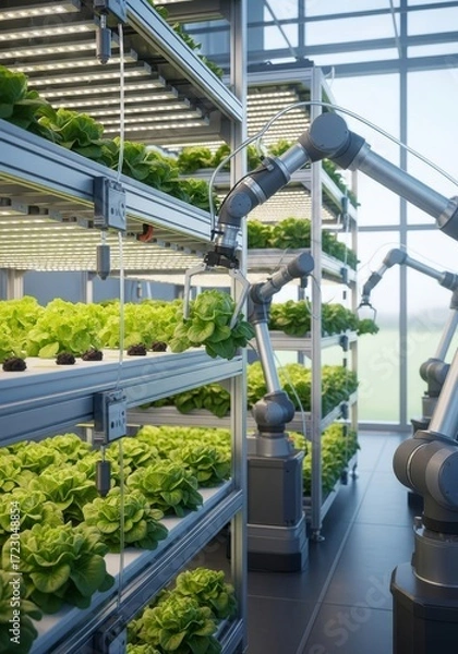 Fototapeta Robotic Arm Harvesting Lettuce in Greenhouse with Hydroponic System Featuring Advanced Technology for Precision Agriculture and Sustainable Food Production in Vertical Indoor Farm with Natural