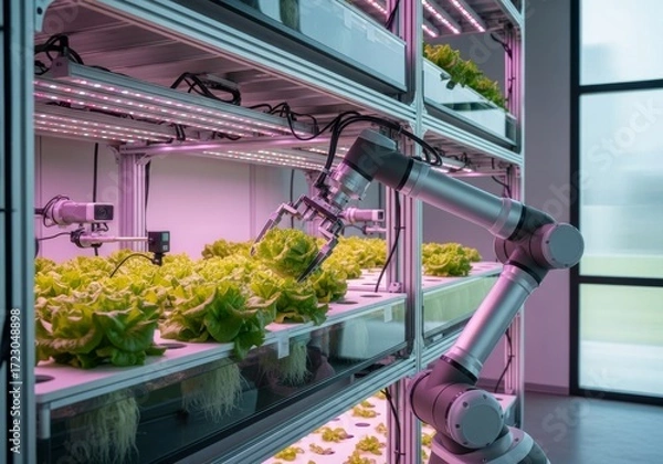 Fototapeta Robotic Arm Harvesting Lettuce in Greenhouse with Hydroponic System Featuring Advanced Technology for Precision Agriculture and Sustainable Food Production in Vertical Indoor Farm with Natural