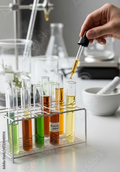 Fototapeta Exploring botanical extracts laboratory experiment with dropper and test tubes