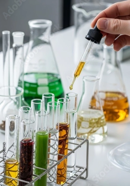Fototapeta Exploring botanical extracts laboratory experiment with dropper and test tubes