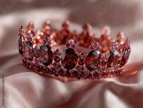 Fototapeta Regal Adornment: A meticulously crafted crown, adorned with vibrant gemstones, rests gracefully upon a draped satin surface, capturing the essence of luxury and timeless beauty.