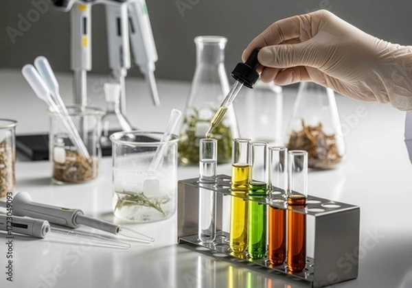 Fototapeta A dedicated scientist meticulously analyzes a blue liquid in a glass flask, conducting a crucial botanical extracts in a modern laboratory