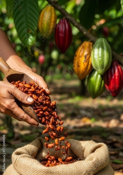 Fototapeta Hands of a cacao farmer pouring fermented cocoa beans into a burlap sack, in a farm, tree and colorful pods in the background