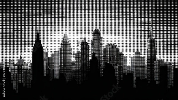 Fototapeta City Skyline Silhouette: A stark monochrome image captures the dramatic skyline of an urban landscape, evoking the timeless allure of cityscapes and architecture with a touch of artistic flair.