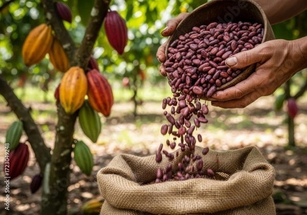 Fototapeta Hands of a cacao farmer pouring fermented cocoa beans into a burlap sack, in a farm, tree and colorful pods in the background