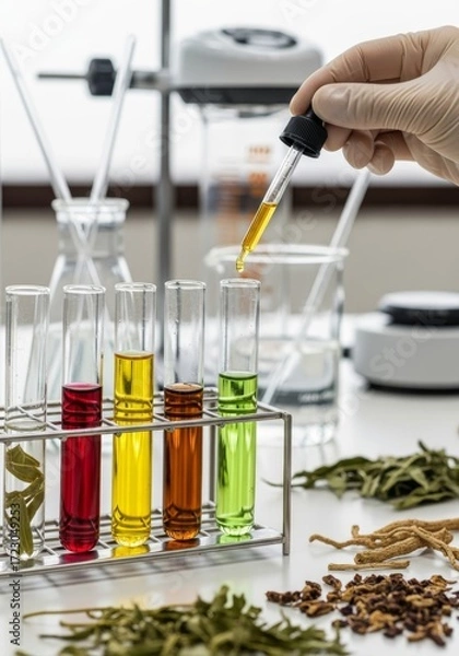 Fototapeta A dedicated scientist meticulously analyzes a blue liquid in a glass flask, conducting a crucial botanical extracts in a modern laboratory