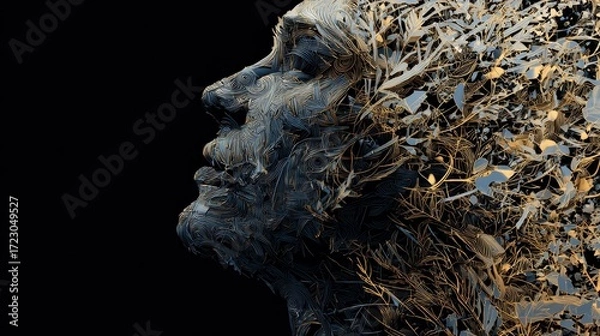 Fototapeta Ephemeral Mind: A striking artistic depiction of a human face seemingly disintegrating, showcasing the complexities of thoughts and memory and the passage of time.