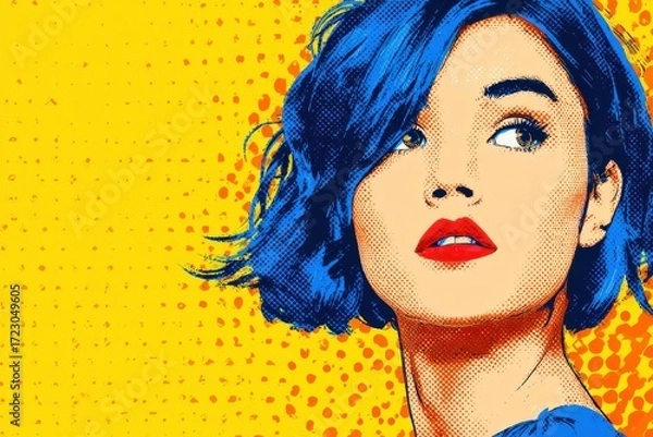 Fototapeta Vibrant Pop Art Portrait: A striking woman, hair of sapphire blue and ruby lips, emerges from a canvas of bold yellow, creating a captivating piece with graphic intensity.