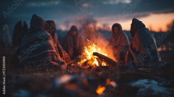 Fototapeta Warmth of Shared Stories: A serene evening gathering around a crackling bonfire, with figures wrapped in blankets, the soft glow illuminating faces and the sparks of stories shared.