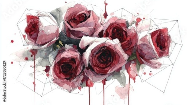 Fototapeta Watercolor Rose: A vibrant collection of crimson roses, rendered in a delicate watercolor style, accompanied by geometric design in a captivating artistic portrayal.