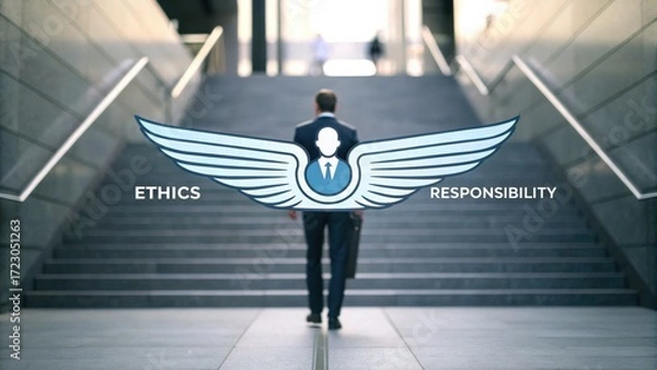 Fototapeta value-driven-business A businessman walks up stairs, symbolizing ethics and responsibility with illustrated wings.