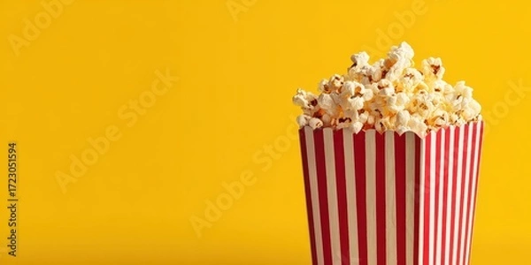 Fototapeta Cinema Popcorn: a Classic Movie Snack: A close-up view of a classic popcorn container filled with fluffy popcorn against a cheerful yellow background, a tasty treat.