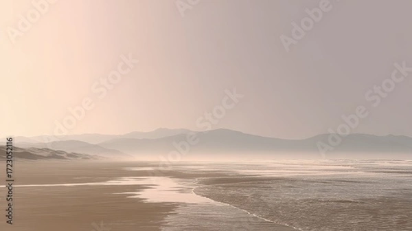 Fototapeta Seashore Serenity: A serene coastal scene featuring a sandy beach meeting the calm sea under a hazy, atmospheric sky, evokes a sense of tranquility and calmness.