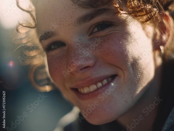 Fototapeta Radiant Smile: A young person with freckles, beaming a warm, authentic smile, captures the essence of youthful joy and optimistic spirit.