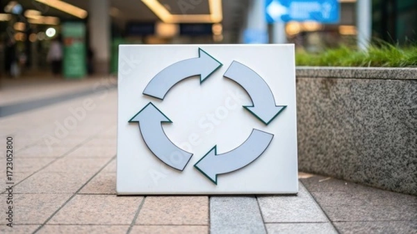 Fototapeta value-driven-business Recycling symbol displayed on a sidewalk, promoting sustainability and eco-friendliness.