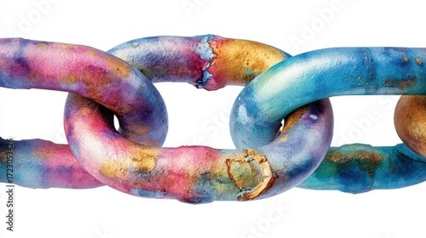 Fototapeta Interconnected: A vibrant close-up shot of three vivid colored chain links, illustrating the concept of connections and teamwork.