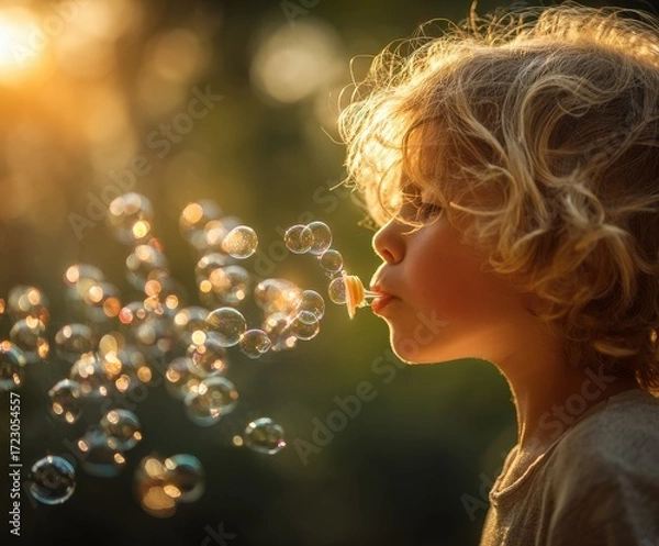 Fototapeta Child's Bubbles of Delight: Capturing the magical essence of childhood, a young child, with a crown of golden curls, blows a cascade of shimmering soap bubbles, shimmering with golden light of sun.