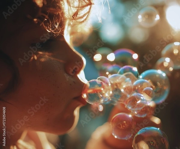 Fototapeta Child's Bubbles of Joy: A close-up shot of a child blowing iridescent bubbles in a sun-drenched setting, creating a whimsical and playful scene filled with wonder.