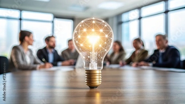 Fototapeta value-driven-business A glowing light bulb symbolizes creative ideas in a business meeting setting.