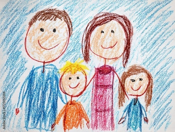 Fototapeta Family's Crayon Art: A touching illustration of a nuclear family, drawn in a child-like style with colorful crayons, captures the essence of familial bond.