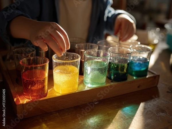 Fototapeta Vibrant Experiment: A person meticulously pours and stirs colored liquid in beakers, illuminating the science of experimentation, a vibrant display of color theory and liquid dynamics.