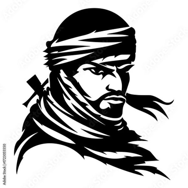 Obraz Flat Black Silhouette of Arabian Warrior Logo Featuring Fighter Soldier Knight and Swordsman Vector Artwork