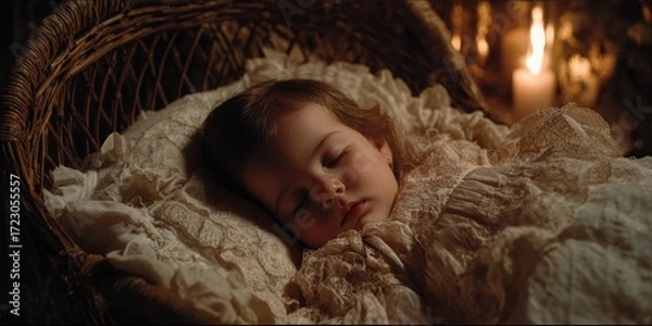 Fototapeta Serene Slumber: A peacefully sleeping infant rests nestled within a rustic wicker bassinet. Soft lighting and a vintage aesthetic evokes a sense of tranquility and innocence.
