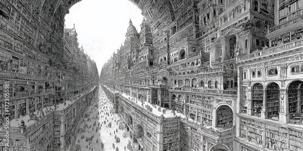 Fototapeta Endless Urban Vista: An intricate pen and ink drawing showcases an expansive cityscape, an imposing urban scene unfolds with architectural detail. The drawing evokes a sense of awe and wonder.