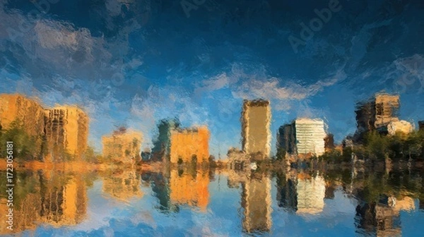 Fototapeta Cityscape Impression: Buildings mirroring in a serene lake create a visually stunning impression, with warm light, mirroring in tranquil water, and rich colors in the sky.