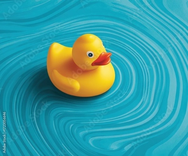 Fototapeta Floating Rubber Duckling: A charming rubber duckling floats serenely on a sea of blue, exuding playfulness and a sense of carefree relaxation. This adorable creature embodies simplicity, joy.