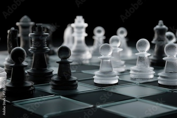Fototapeta Chessboard strategy: A captivating monochrome photograph showcases a chessboard filled with meticulously placed chess pieces, evoking a sense of intellectual strategy and tactical planning.