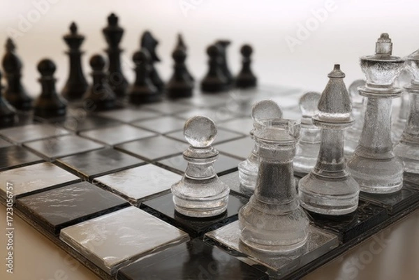 Fototapeta Chessboard Stalemate: A strategic chess battle unfolds, with translucent pieces poised on a checkered board, ready for the next calculated move in black and white contrast.