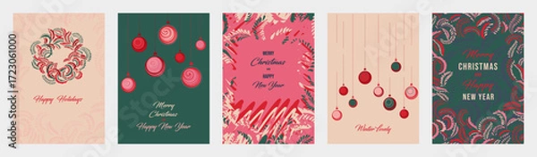 Fototapeta Festive vector Christmas and New Year templates with wreaths, ornaments, and decorative foliage in red, green, and beige tones. Perfect for holiday cards, posters, and invites