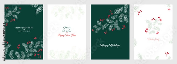 Fototapeta Stylish vector Christmas templates featuring pine branches, fir needles and red berries on green and white backgrounds, ideal for festive greeting cards and winter holiday designs