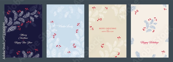 Fototapeta Elegant vector Christmas and winter holiday templates with pine branches, fir needles, and red berries on dark, light blue, and beige backgrounds for festive greeting cards