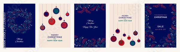 Fototapeta Festive vector Christmas and New Year templates with wreaths, ornaments, pine branches, and holiday sale designs in red, green, and navy tones. Perfect for cards and posters