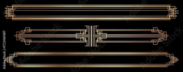 Obraz Three gold art deco style decorative horizontal banners on a black background.  Geometric, symmetrical, and linear patterns create a rich, elegant look