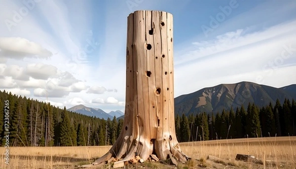Fototapeta Tall, hollowed-out tree stump in a meadow