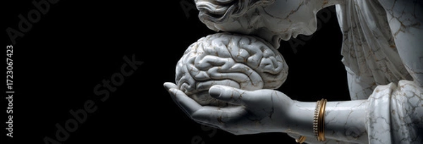 Obraz Closeup of a hand of a classical statue holding a marble human brain with golden veins. Isolated on black background with copy space. Blank wide banner for mental health, creative ideas. Generative Ai
