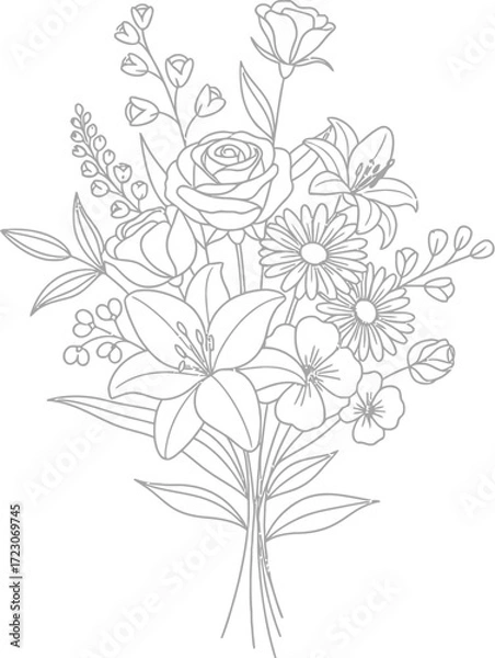 Fototapeta Elegant line art bouquet of assorted flowers for coloring or design