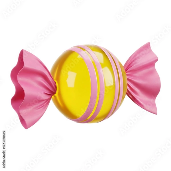 Fototapeta A vibrant 3d rendering of a single, round yellow candy with pink stripes, wrapped in pink foil ends, isolated on transparent background
